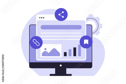 Off-Page SEO and Link Building Strategy. A Screen Displaying Social Media Icons, Backlinks, and Digital Content to Improve a Website's Authority and Ranking. Vector Flat Illustration