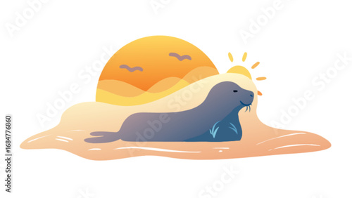 A serene seal resting on a sandy beach with a warm sun and birds in the background on a sunny day