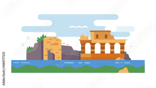 Illustration of coastal ruins with stone structures and arched windows under a cloudy sky landscape