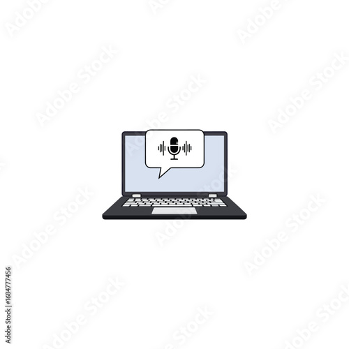 A laptop computer displays a speech bubble with a microphone and sound wave icon, representing voice recognition or audio recording.