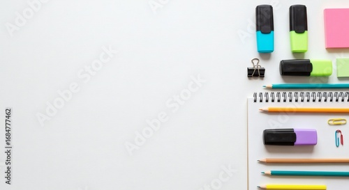Top view of essential office supplies and school stationery arranged neatly on a white desk background with ample copy space for text