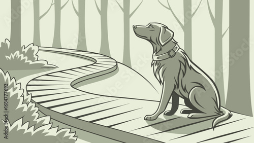 A dog sitting on a wooden path in a forest looking up with trees and bushes in the background scene