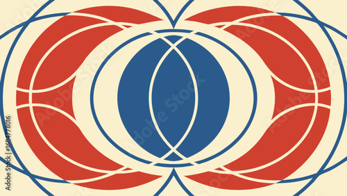 Abstract design featuring concentric circles in blue red and beige with intersecting lines pattern