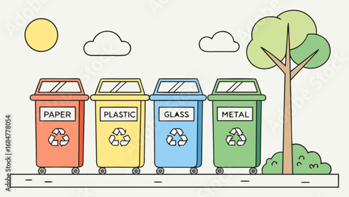Illustration of four recycling bins for paper plastic glass and metal with a tree and clouds in the background