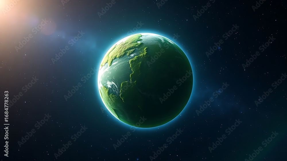 Fototapeta premium Lush green planet floating in space with a glowing atmosphere, depicting cosmic beauty.