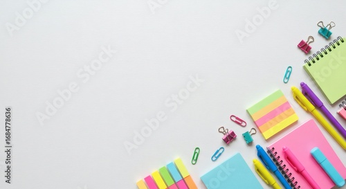 A vibrant flat lay of colorful school and office supplies arranged neatly on a clean white background, creating a perfect backdrop for text or design