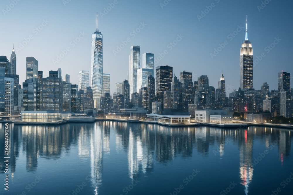 Obraz premium Futuristic city skyline with illuminated skyscrapers reflected in calm waterfront under twilight sky in peaceful urban nightscape scene.
