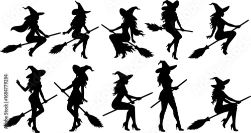 set of collection of black vector silhouettes of witch standing in different poses. Icons of Halloween witches in long skirt and hat with broomstick.