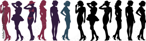 set of Vector silhouettes of beautiful girls in bikini isolated on white background. Icons of woman in standing poses. Sexy ladys.
