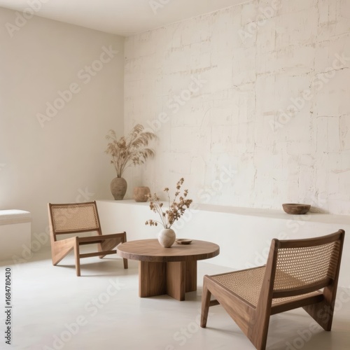 Minimalist Living Room with Wooden Chairs and Round Table