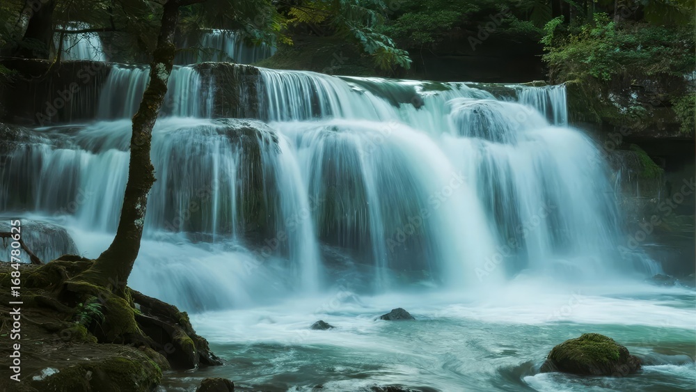 Fototapeta premium Serene Waterfall Cascading Through Forested Area