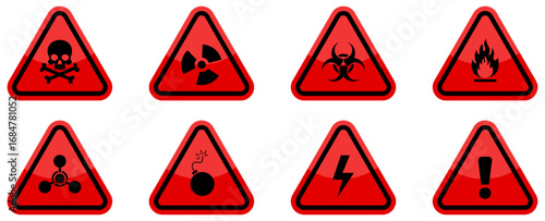 Toxic sign, radiation, biohazard, flammable, chemical, high voltage, exclamation, explosive icons set in red and black color. Biohazard radiation toxic warning icons set. Danger warning sign vector