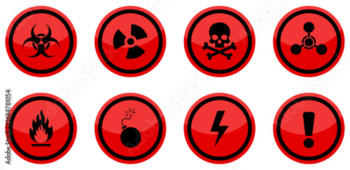 Biohazard, radiation, skull and crossbones, exclamation mark, flammable, chemical hazard, high voltage, explosive symbol in red color. Set hazard warning symbols. Vector illustration