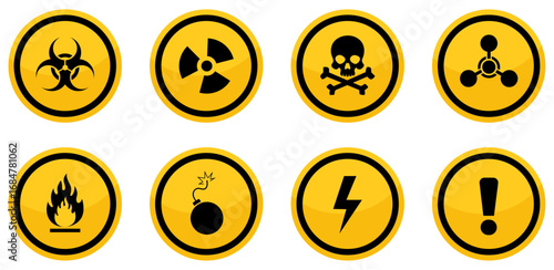 Biohazard, radiation, skull and crossbones, exclamation mark, flammable, chemical hazard, high voltage, explosive signs. Set of hazard danger vector signs. Set hazard danger  vector signs. vector
