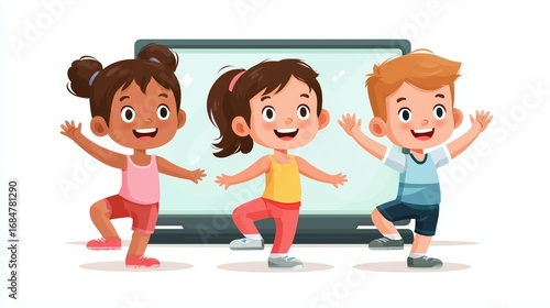 Children engaging in lively dance activity in front of a computer screen during a fun virtual class session