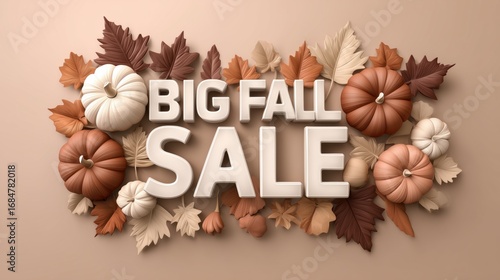 Big fall sale announcement with decorative pumpkins and autumn leaves in warm colors showcasing seasonal offers