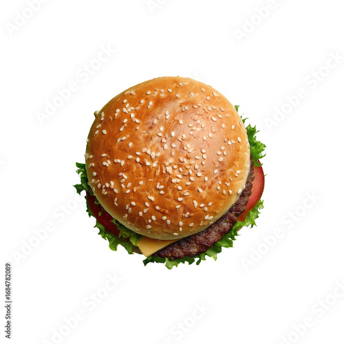 Top-down view of a cheeseburger.  Crispy bun, seasoned with sesame seeds, holds a juicy patty, melted cheese, lettuce, and tomato.  Simple, classic, fast food