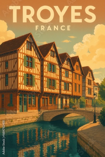 Colorful timber-framed houses line the canal in Troyes France under a warm sky with reflections in the water and a quaint stone bridge connecting both sides of the town