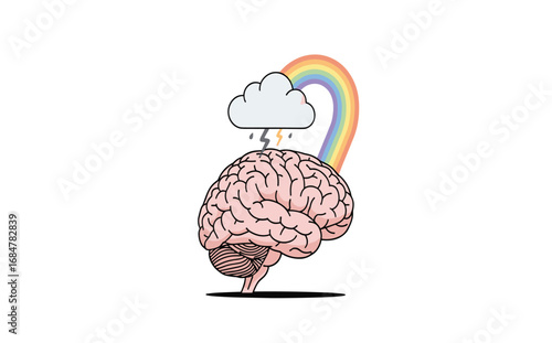 Brain Illustration with Thunderstorm and Rainbow Imagery