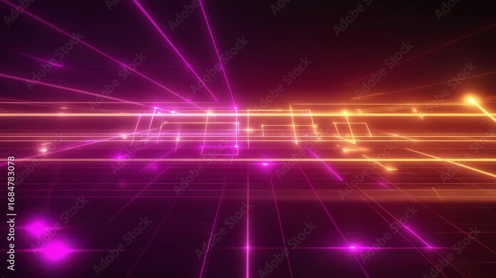 Neon Magenta and Orange Tech Lines in Perspective Grid — Futuristic Digital Background