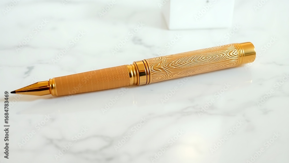 Obraz premium A golden pen resting on a white marble surface
