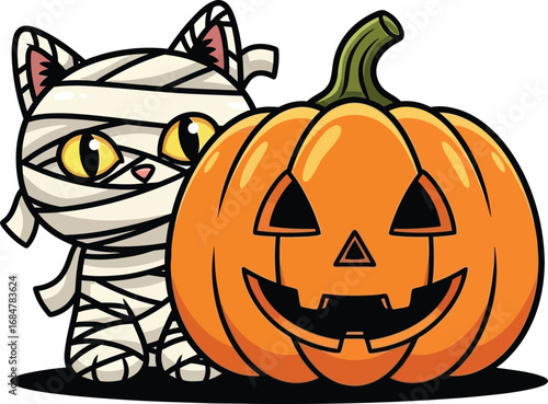Cute mummy cat poses with spooky jack-o'-lantern pumpkin for halloween festivities vector