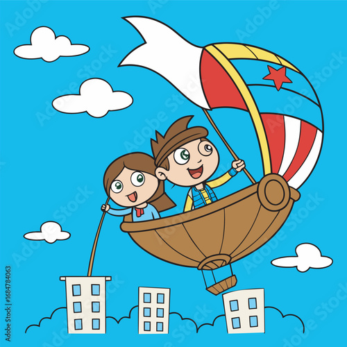 Happy Kids Flying in Hot Air Balloon Over City Vector