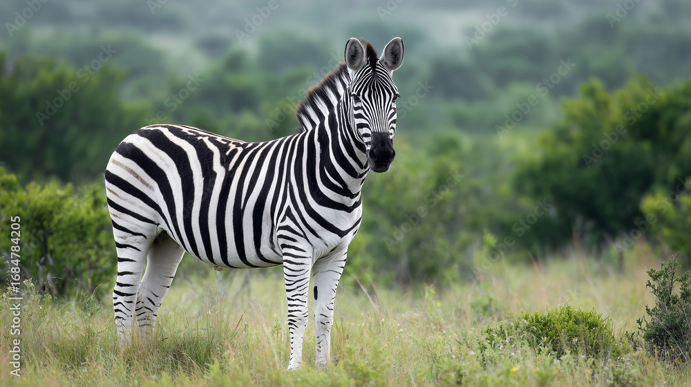 Fototapeta premium Zebra standing on green grass amidst natural.