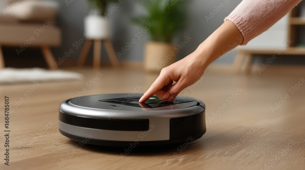 Fototapeta premium Smart robotic vacuum cleaner being activated by a hand in a modern living space.