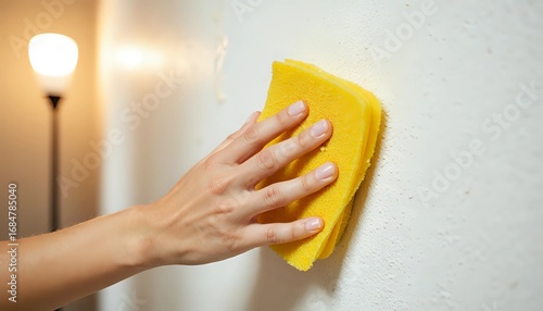 Woman's hand cleaning a textured wall with a yellow sponge - home renovation and maintenance