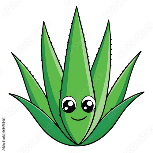 Adorable cartoon aloe vera plant with a smiling face and big eyes cute happy