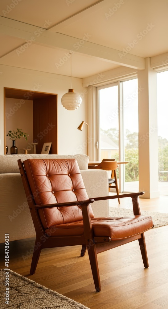 Fototapeta premium A stylish, mid-century modern leather armchair sits in a sun-drenched, light-filled living room, featuring warm tones and natural light.
