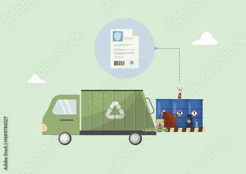 Recycling truck collecting hazardous chemical containers with documentation and barcode tracking for proper waste management compliance. Waste manifest. Legal Tracking Document. Vector illustration