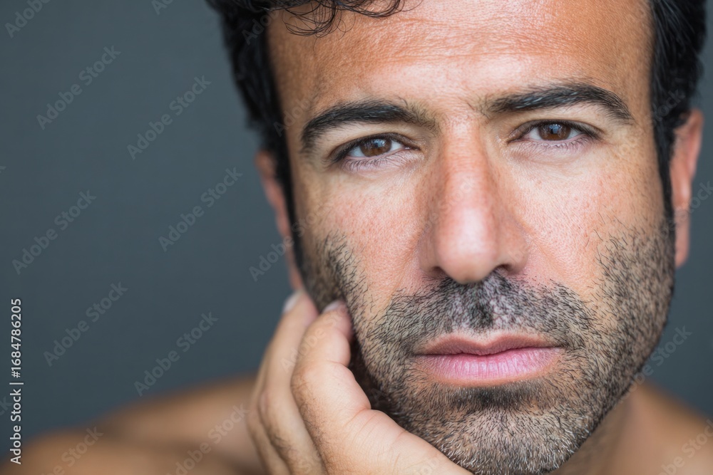 Fototapeta premium Close-up portrait of a man with a thoughtful expression, his hand supporting his chin, showcasing a serious mood against a muted backdrop.