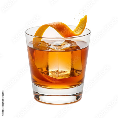 Classic old fashioned cocktail with orange peel garnish isolated on transparent background