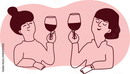 Linear line art illustration of wine tasting, sommelier, winemaking, gourmet lifestyle, people drinking wine, minimal continuous drawing style