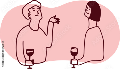 Linear line art illustration of wine tasting, sommelier, winemaking, gourmet lifestyle, people drinking wine, minimal continuous drawing style