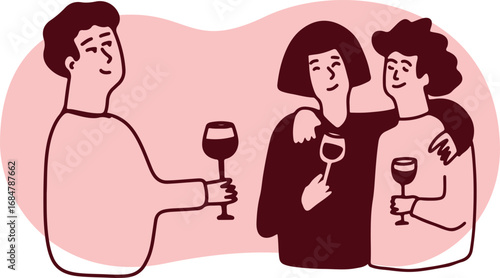 Linear line art illustration of wine tasting, sommelier, winemaking, gourmet lifestyle, people drinking wine, minimal continuous drawing style