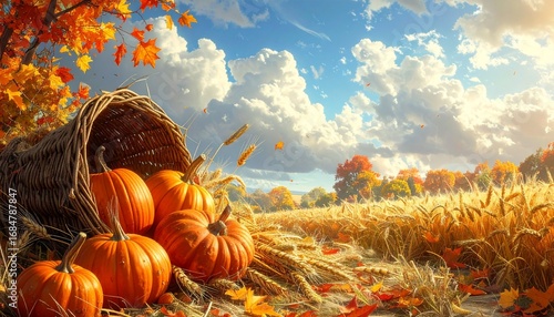 Autumn harvest pumpkins and wheat in cornucopia. Seasonal imagery themes. Detailed high quality image. 