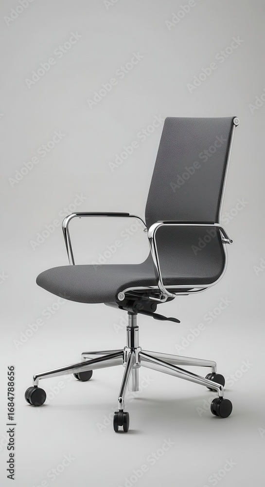 Obraz premium Modern, minimalist office chair in a neutral gray color against a plain backdrop.