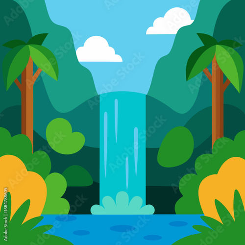 Cartoon waterfall jungle cave vector illustration