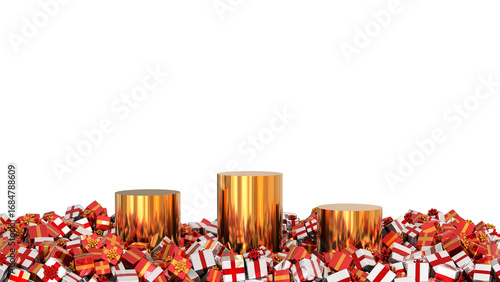 trois podium dorés entouré de centaine de cadeaux de Noël - rendu 3D sur fond transparent