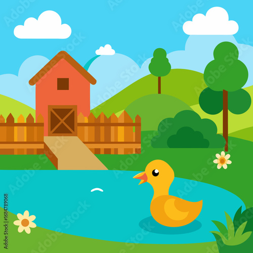 Cartoon duck pond farmyard vector illustration