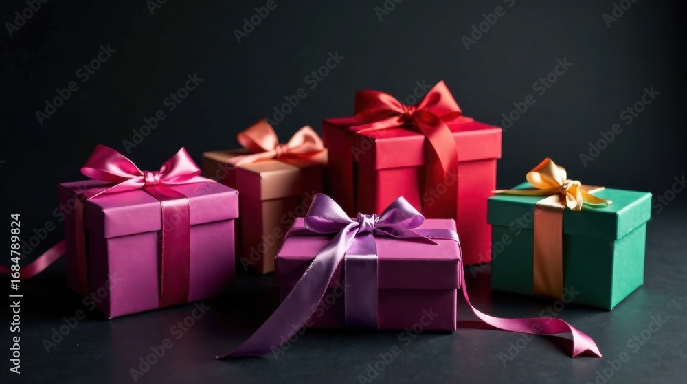 Obraz premium A collection of elegantly wrapped presents with vibrant ribbons, showcasing a spectrum of rich colors and textures on a dark surface