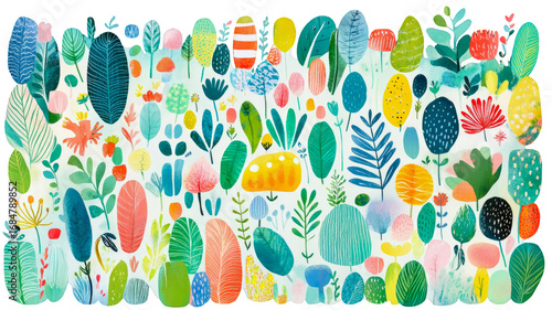 Whimsical and vibrant abstract botanical illustration showcasing cheerful array of colorful stylized plants, leaves, and organic forms, creating lush and imaginative natural pattern