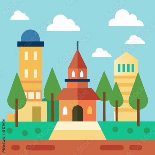 Cartoon town square vector illustration