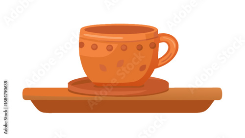 A decorative orange ceramic cup with polka dots sitting on a matching saucer and tray object art