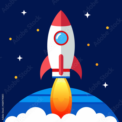 Cartoon space rocket launchpad vector illustration