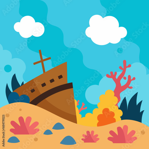 Cartoon shipwreck reef scene vector illustration