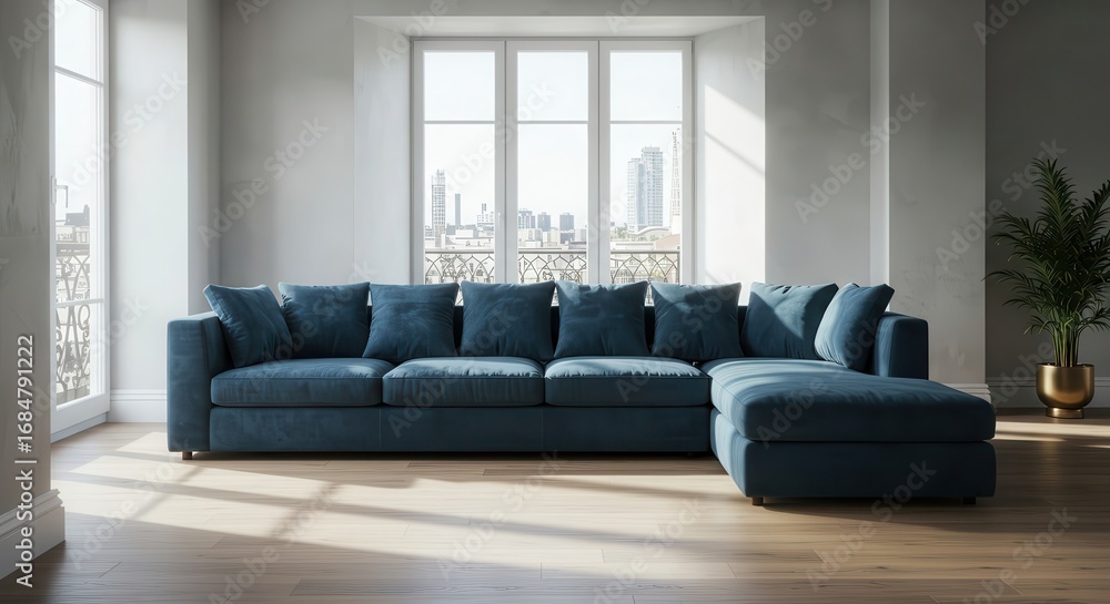 Fototapeta premium A modern, teal-colored sectional sofa in a bright, light-filled living area, showcasing a city view through large windows.